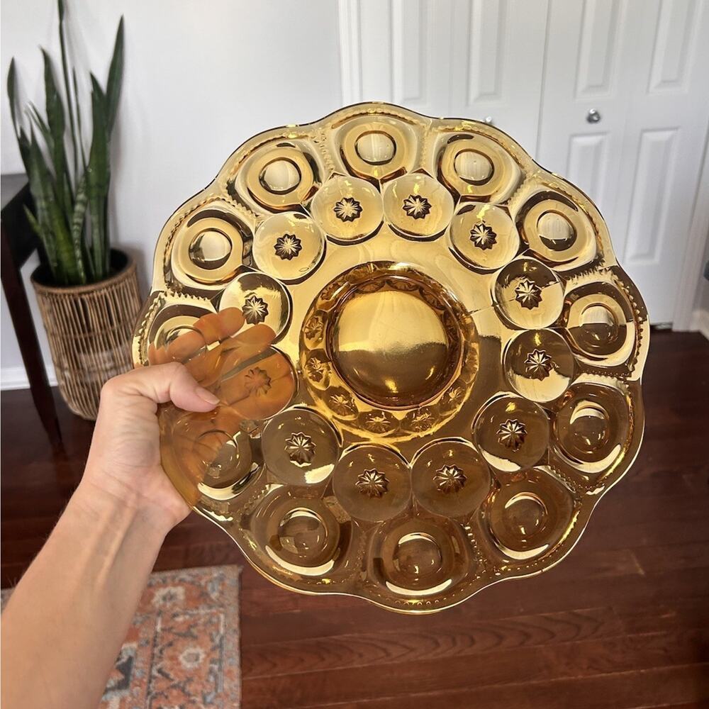 Vintage LE Smith Moon & Stars Amber Glass 12.5” Cake Platter Cake Stand 2” Tall